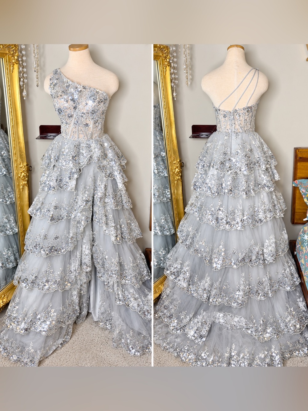 Sherri Hill 55799 Silver Sequin Corset Tiered Prom Gown